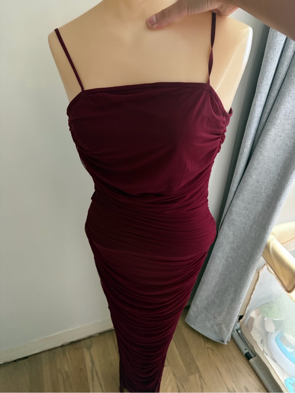 Fashion Nova Burgundy Ruched Spaghetti-Strap Maxi Dress